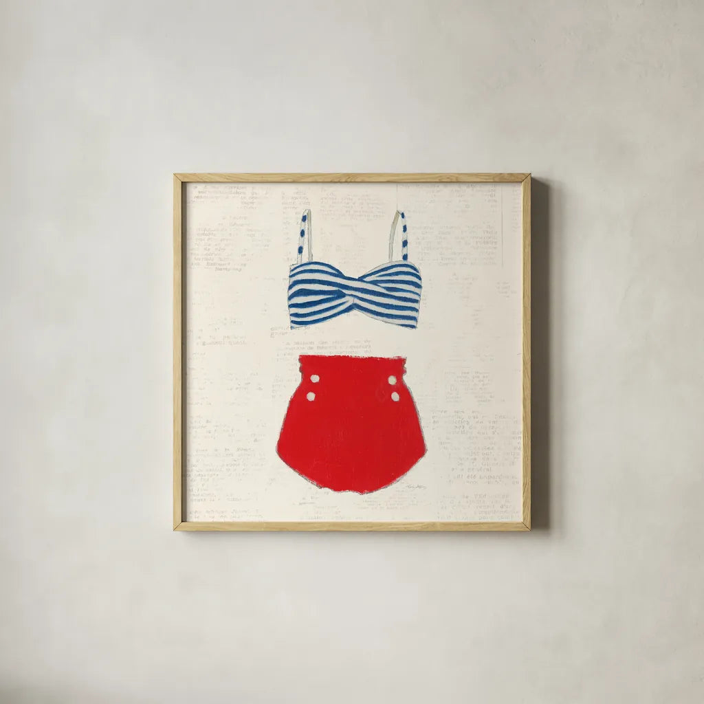 Retro Swimwear IV Newsprint by Emily Adams. Shown in a natural wood glass frame for a timeless modern aesthetic. Available as an archival giclee rolled canvas, fine art paper, or poster print. SKU 61348a.