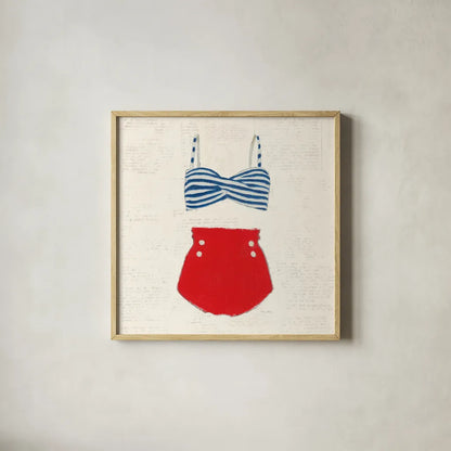 Retro Swimwear IV Newsprint by Emily Adams. Shown in a natural wood glass frame for a timeless modern aesthetic. Available as an archival giclee rolled canvas, fine art paper, or poster print. SKU 61348a.