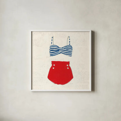 Retro Swimwear IV Newsprint by Emily Adams. Shown in a crisp white glass frame for a clean and minimalist style. Available as an archival giclee rolled canvas, fine art paper, or poster print. SKU 61348a.