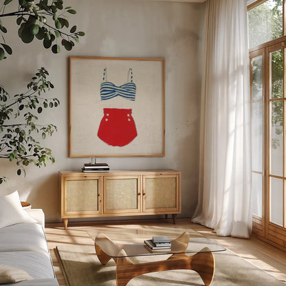 Retro Swimwear IV Newsprint by Emily Adams. Shown in a natural wood frame in a cozy modern living room. Available as an archival giclee rolled canvas, fine art paper, or poster print. SKU 61348a.
