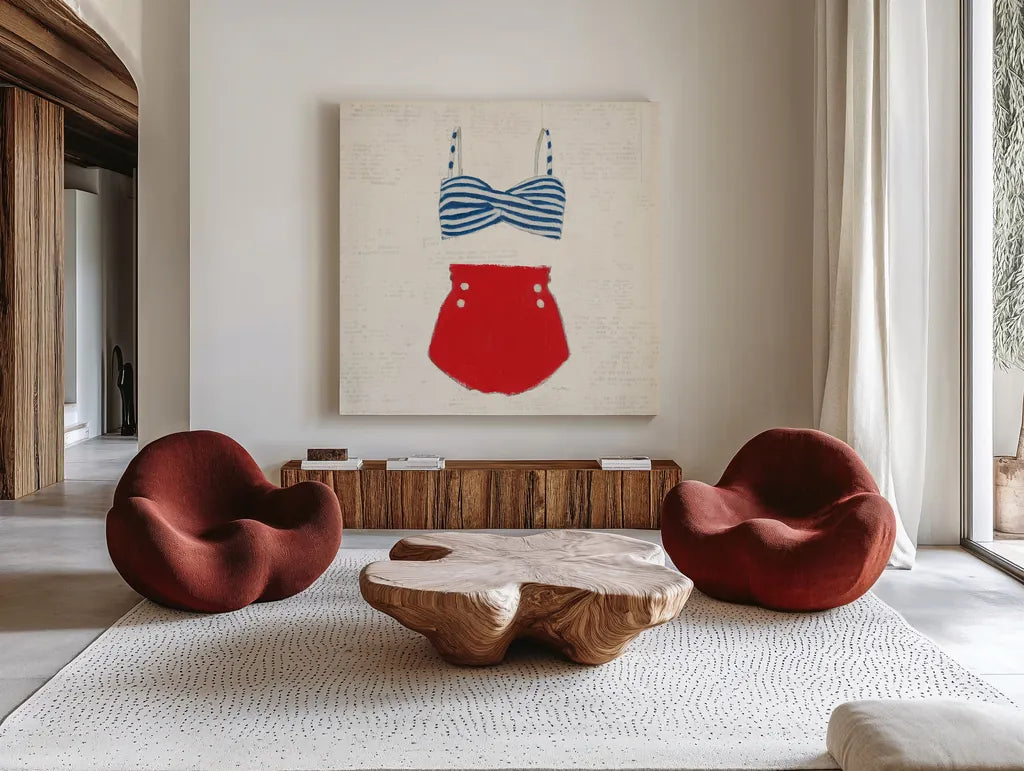 Retro Swimwear IV Newsprint by Emily Adams. Shown as extra-large giant wall art in a modern living room. Available as an archival giclee rolled canvas, fine art paper, or poster print. SKU 61348a.