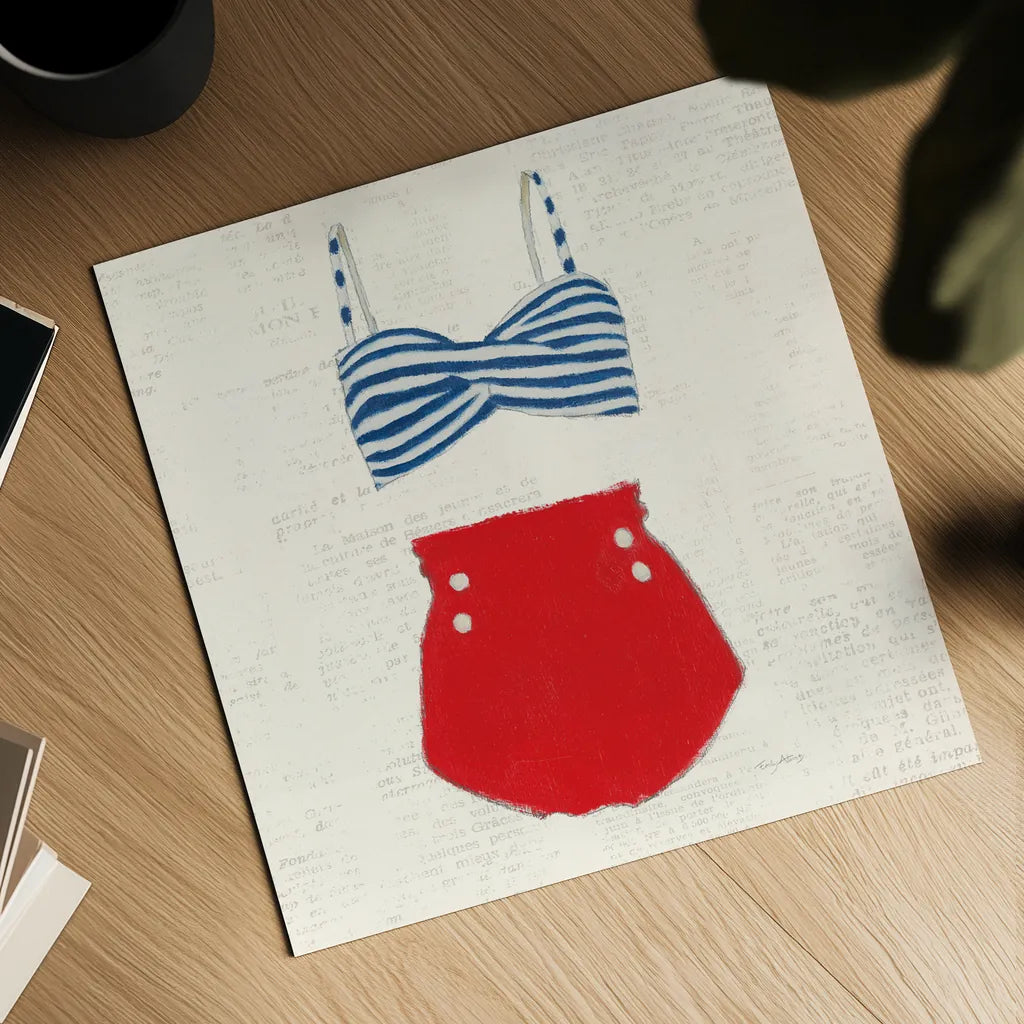 Retro Swimwear IV Newsprint Sq by Emily Adams. Shown as a detailed flat fine art print, highlighting archival giclee quality. Available as an archival giclee rolled canvas, fine art paper, or poster print. SKU 60978a.