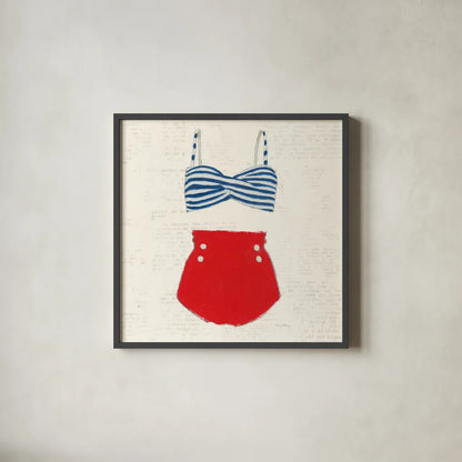 Retro Swimwear IV Newsprint Sq by Emily Adams. Shown in a sleek black glass frame for a contemporary gallery look. Available as an archival giclee rolled canvas, fine art paper, or poster print. SKU 60978a.