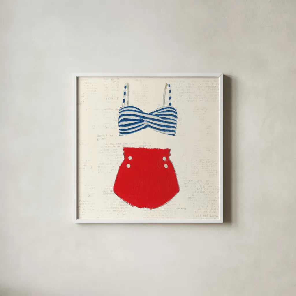 Retro Swimwear IV Newsprint Sq by Emily Adams. Shown in a crisp white glass frame for a clean and minimalist style. Available as an archival giclee rolled canvas, fine art paper, or poster print. SKU 60978a.