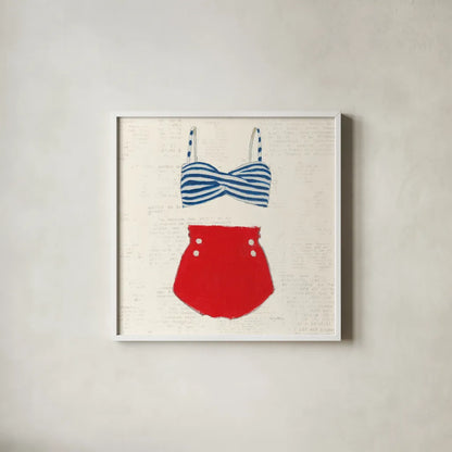 Retro Swimwear IV Newsprint Sq by Emily Adams. Shown in a crisp white glass frame for a clean and minimalist style. Available as an archival giclee rolled canvas, fine art paper, or poster print. SKU 60978a.