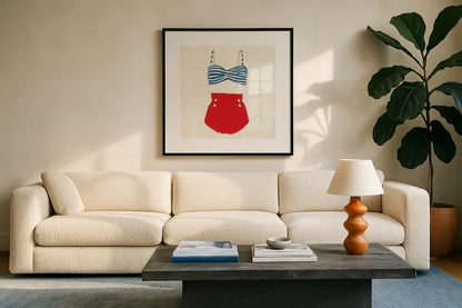 Retro Swimwear IV Newsprint Sq by Emily Adams. Displayed in a glass frame with matte in a clean modern living room. Available as an archival giclee rolled canvas, fine art paper, or poster print. SKU 60978a.