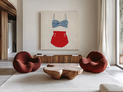 Retro Swimwear IV Newsprint Sq by Emily Adams. Shown as extra-large giant wall art in a modern living room. Available as an archival giclee rolled canvas, fine art paper, or poster print. SKU 60978a.