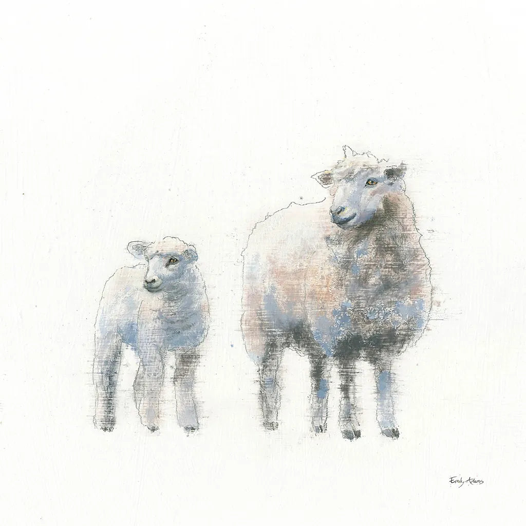 Sheep and Lamb by Emily Adams. SKU 23725a. Archival Giclee Fine art print for wall decor.