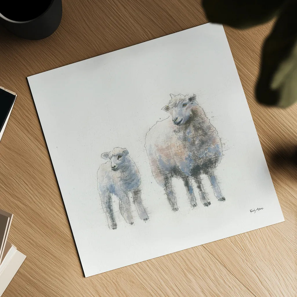 Sheep and Lamb by Emily Adams. Shown as a detailed flat fine art print, highlighting archival giclee quality. Available as an archival giclee rolled canvas, fine art paper, or poster print. SKU 23725a.