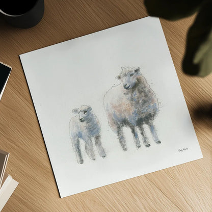 Sheep and Lamb by Emily Adams. Shown as a detailed flat fine art print, highlighting archival giclee quality. Available as an archival giclee rolled canvas, fine art paper, or poster print. SKU 23725a.