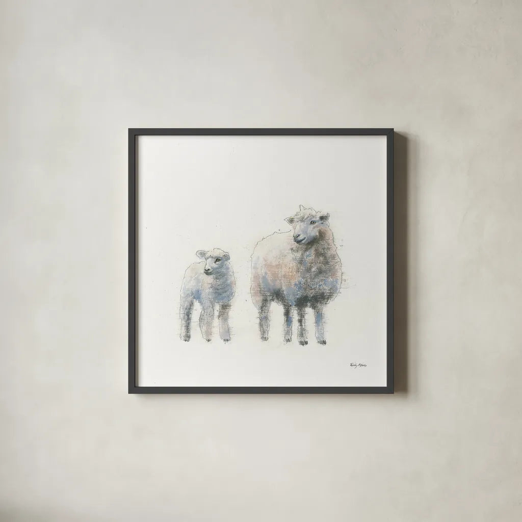 Sheep and Lamb by Emily Adams. Shown in a sleek black glass frame for a contemporary gallery look. Available as an archival giclee rolled canvas, fine art paper, or poster print. SKU 23725a.