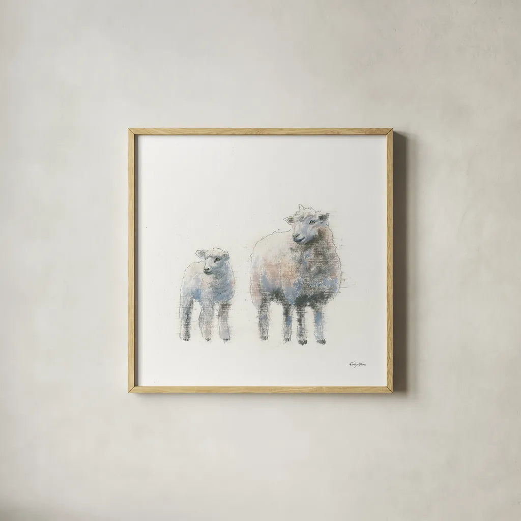 Sheep and Lamb by Emily Adams. Shown in a natural wood glass frame for a timeless modern aesthetic. Available as an archival giclee rolled canvas, fine art paper, or poster print. SKU 23725a.