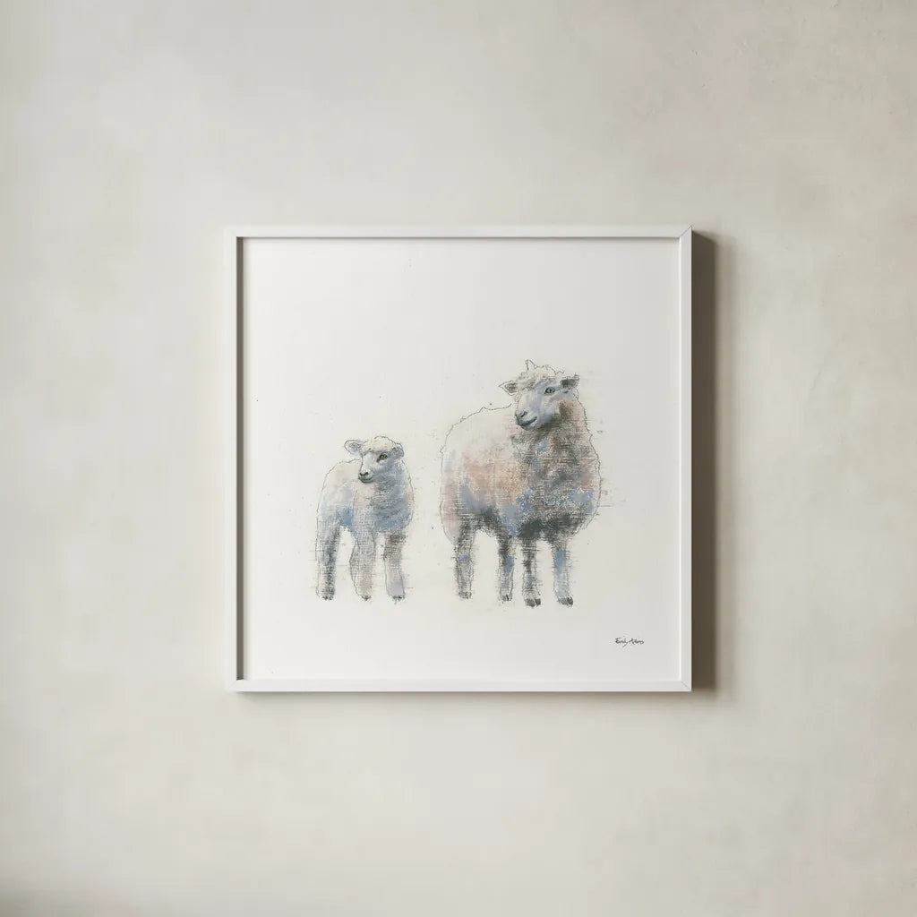 Sheep and Lamb by Emily Adams. Shown in a crisp white glass frame for a clean and minimalist style. Available as an archival giclee rolled canvas, fine art paper, or poster print. SKU 23725a.
