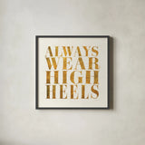 Shoe Festish Quotes II Clean by Emily Adams. Shown in a sleek black glass frame for a contemporary gallery look. Available as an archival giclee rolled canvas, fine art paper, or poster print. SKU 67032a.