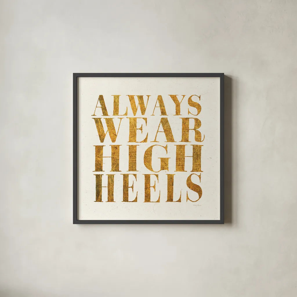 Shoe Festish Quotes II Clean by Emily Adams. Shown in a sleek black glass frame for a contemporary gallery look. Available as an archival giclee rolled canvas, fine art paper, or poster print. SKU 67032a.