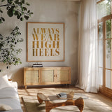 Shoe Festish Quotes II Clean by Emily Adams. Shown in a natural wood frame in a cozy modern living room. Available as an archival giclee rolled canvas, fine art paper, or poster print. SKU 67032a.