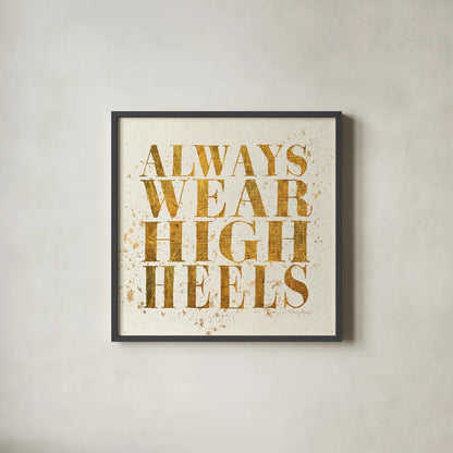 Shoe Fetish Quotes II Light by Emily Adams. Shown in a sleek black glass frame for a contemporary gallery look. Available as an archival giclee rolled canvas, fine art paper, or poster print. SKU 20746a.