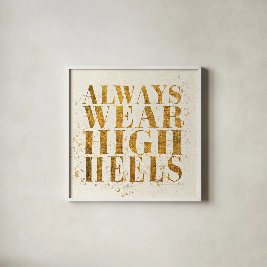 Shoe Fetish Quotes II Light by Emily Adams. Shown in a crisp white glass frame for a clean and minimalist style. Available as an archival giclee rolled canvas, fine art paper, or poster print. SKU 20746a.