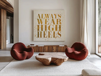 Shoe Fetish Quotes II Light by Emily Adams. Shown as extra-large giant wall art in a modern living room. Available as an archival giclee rolled canvas, fine art paper, or poster print. SKU 20746a.