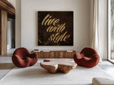 Shoe Fetish Quotes III Dark by Emily Adams. Shown as extra-large giant wall art in a modern living room. Available as an archival giclee rolled canvas, fine art paper, or poster print. SKU 17693a.
