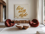 Shoe Fetish Quotes III Light by Emily Adams. Shown as extra-large giant wall art in a modern living room. Available as an archival giclee rolled canvas, fine art paper, or poster print. SKU 20747a.