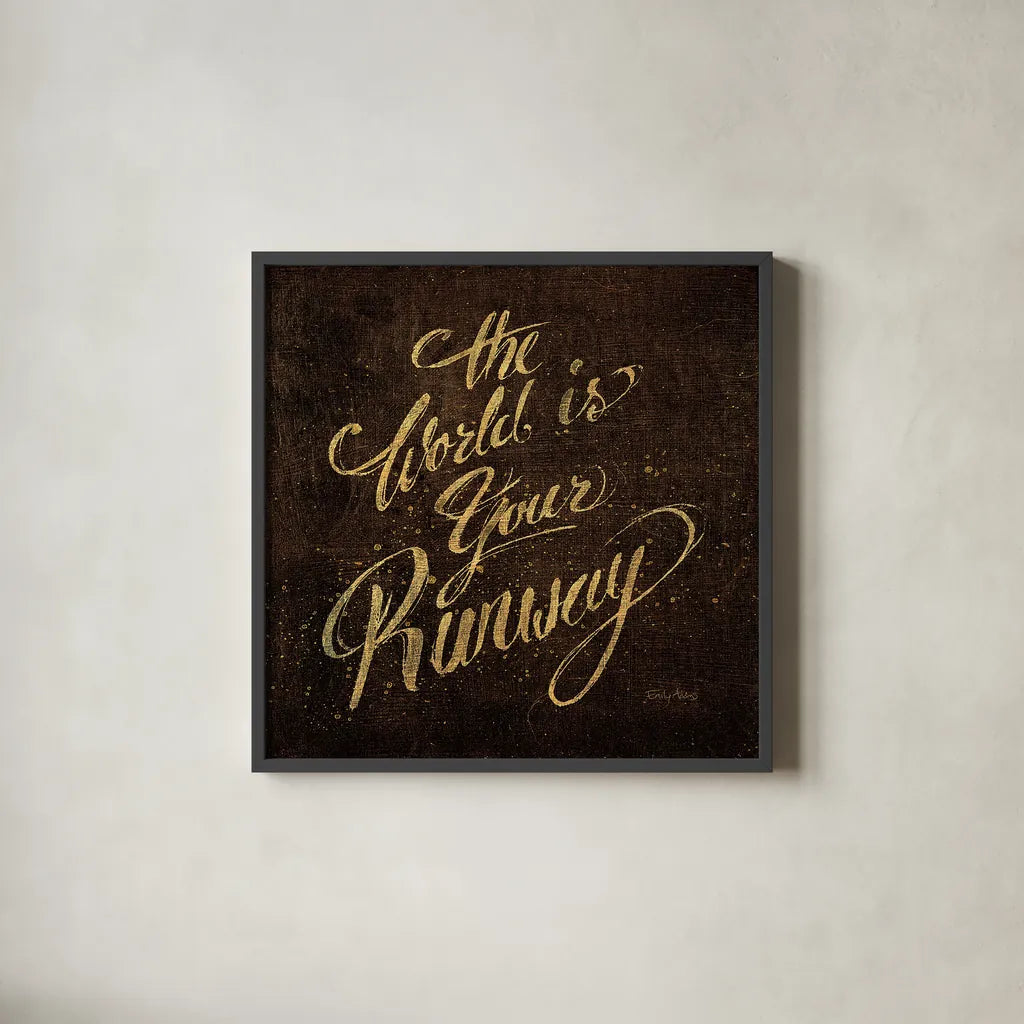 Shoe Fetish Quotes IV Dark by Emily Adams. Shown in a sleek black glass frame for a contemporary gallery look. Available as an archival giclee rolled canvas, fine art paper, or poster print. SKU 17694a.