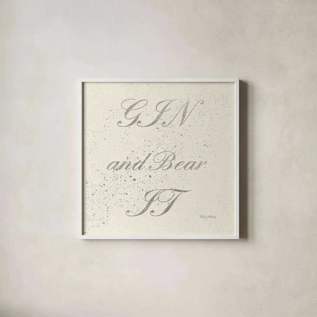 Shot Fetish Quotes IX Light Silver by Emily Adams. Shown in a crisp white glass frame for a clean and minimalist style. Available as an archival giclee rolled canvas, fine art paper, or poster print. SKU 29357a.