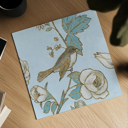 Toile Birds I by Emily Adams. Shown as a detailed flat fine art print, highlighting archival giclee quality. Available as an archival giclee rolled canvas, fine art paper, or poster print. SKU 55099a.