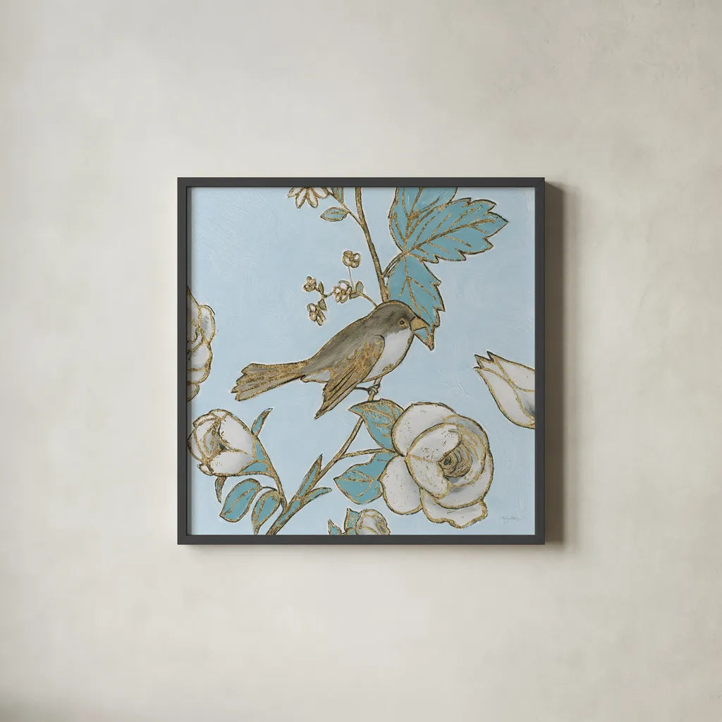 Toile Birds I by Emily Adams. Shown in a sleek black glass frame for a contemporary gallery look. Available as an archival giclee rolled canvas, fine art paper, or poster print. SKU 55099a.