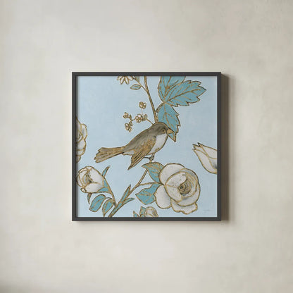 Toile Birds I by Emily Adams. Shown in a sleek black glass frame for a contemporary gallery look. Available as an archival giclee rolled canvas, fine art paper, or poster print. SKU 55099a.