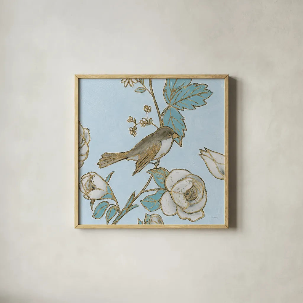 Toile Birds I by Emily Adams. Shown in a natural wood glass frame for a timeless modern aesthetic. Available as an archival giclee rolled canvas, fine art paper, or poster print. SKU 55099a.