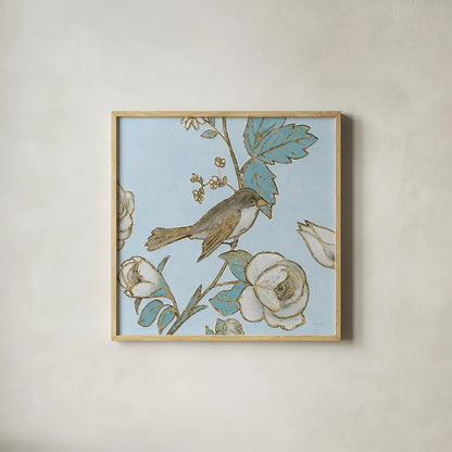 Toile Birds I by Emily Adams. Shown in a natural wood glass frame for a timeless modern aesthetic. Available as an archival giclee rolled canvas, fine art paper, or poster print. SKU 55099a.