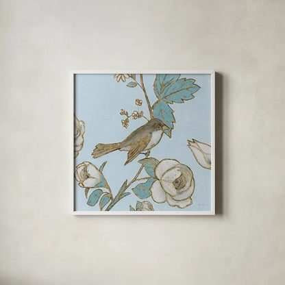 Toile Birds I by Emily Adams. Shown in a crisp white glass frame for a clean and minimalist style. Available as an archival giclee rolled canvas, fine art paper, or poster print. SKU 55099a.