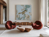Toile Birds I by Emily Adams. Shown as extra-large giant wall art in a modern living room. Available as an archival giclee rolled canvas, fine art paper, or poster print. SKU 55099a.