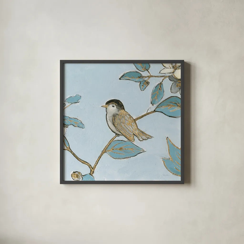 Toile Birds II by Emily Adams. Shown in a sleek black glass frame for a contemporary gallery look. Available as an archival giclee rolled canvas, fine art paper, or poster print. SKU 55100a.