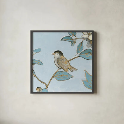 Toile Birds II by Emily Adams. Shown in a sleek black glass frame for a contemporary gallery look. Available as an archival giclee rolled canvas, fine art paper, or poster print. SKU 55100a.