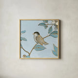 Toile Birds II by Emily Adams. Shown in a natural wood glass frame for a timeless modern aesthetic. Available as an archival giclee rolled canvas, fine art paper, or poster print. SKU 55100a.