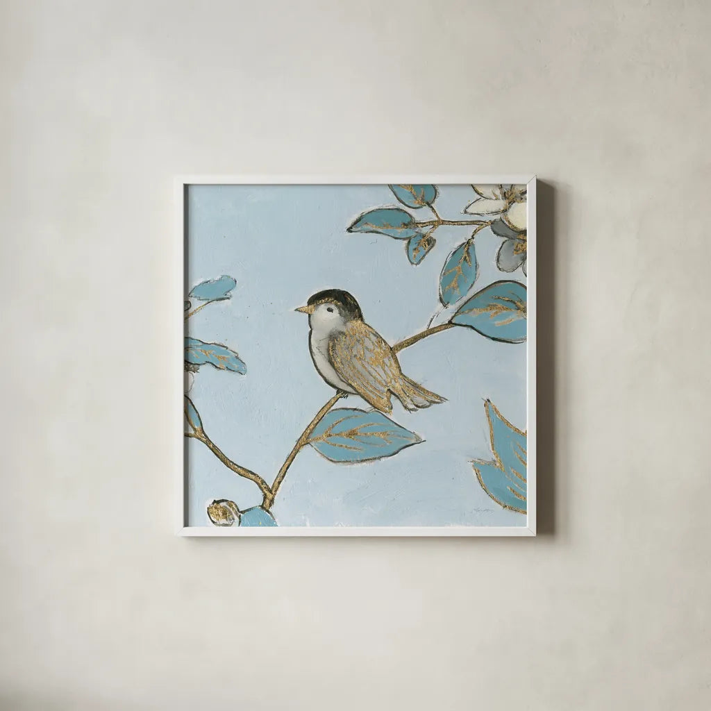Toile Birds II by Emily Adams. Shown in a crisp white glass frame for a clean and minimalist style. Available as an archival giclee rolled canvas, fine art paper, or poster print. SKU 55100a.