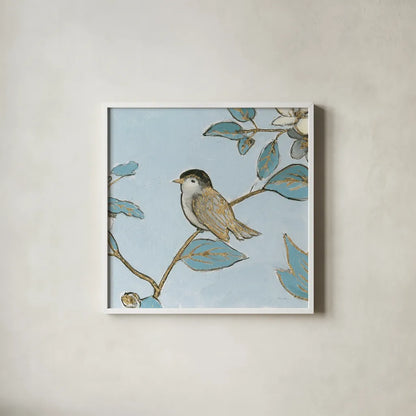 Toile Birds II by Emily Adams. Shown in a crisp white glass frame for a clean and minimalist style. Available as an archival giclee rolled canvas, fine art paper, or poster print. SKU 55100a.