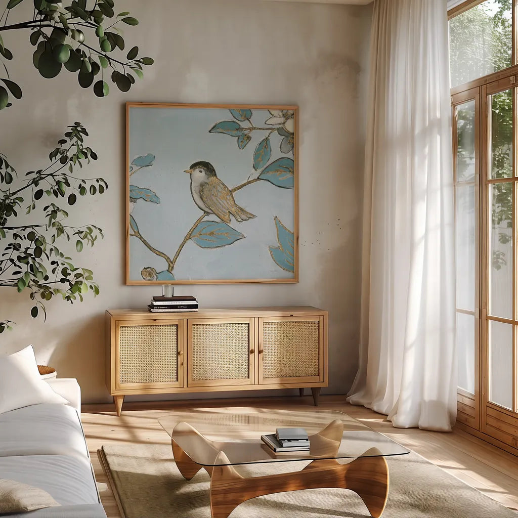 Toile Birds II by Emily Adams. Shown in a natural wood frame in a cozy modern living room. Available as an archival giclee rolled canvas, fine art paper, or poster print. SKU 55100a.