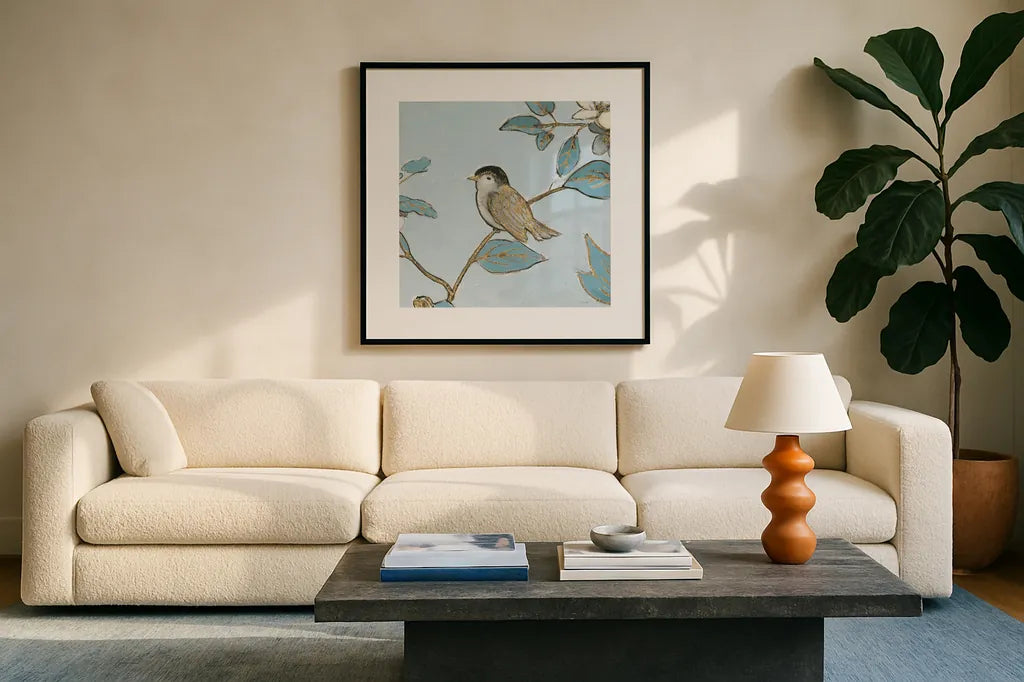 Toile Birds II by Emily Adams. Displayed in a glass frame with matte in a clean modern living room. Available as an archival giclee rolled canvas, fine art paper, or poster print. SKU 55100a.