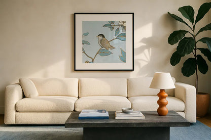 Toile Birds II by Emily Adams. Displayed in a glass frame with matte in a clean modern living room. Available as an archival giclee rolled canvas, fine art paper, or poster print. SKU 55100a.