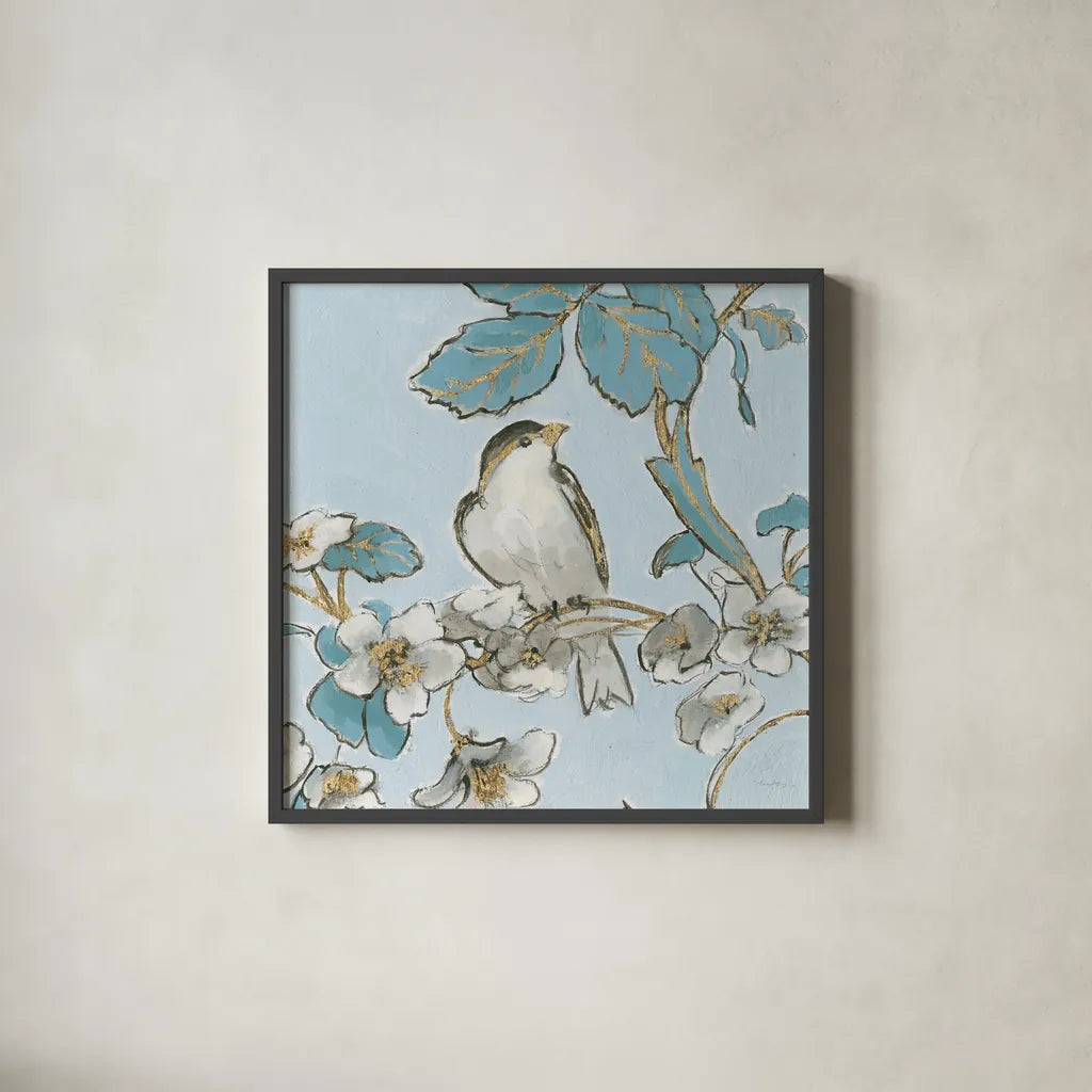 Toile Birds III by Emily Adams. Shown in a sleek black glass frame for a contemporary gallery look. Available as an archival giclee rolled canvas, fine art paper, or poster print. SKU 55101a.