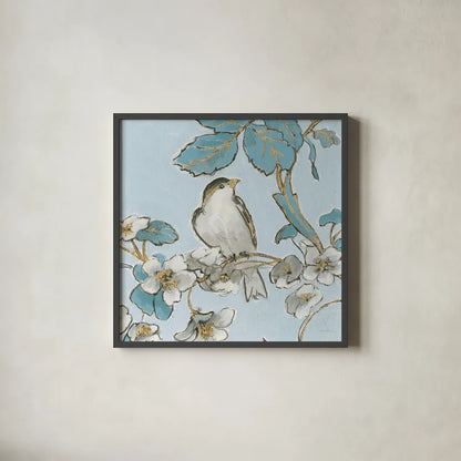 Toile Birds III by Emily Adams. Shown in a sleek black glass frame for a contemporary gallery look. Available as an archival giclee rolled canvas, fine art paper, or poster print. SKU 55101a.