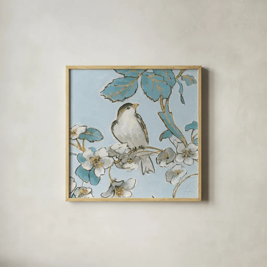 Toile Birds III by Emily Adams. Shown in a natural wood glass frame for a timeless modern aesthetic. Available as an archival giclee rolled canvas, fine art paper, or poster print. SKU 55101a.