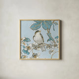 Toile Birds III by Emily Adams. Shown in a natural wood glass frame for a timeless modern aesthetic. Available as an archival giclee rolled canvas, fine art paper, or poster print. SKU 55101a.