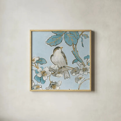Toile Birds III by Emily Adams. Shown in a natural wood glass frame for a timeless modern aesthetic. Available as an archival giclee rolled canvas, fine art paper, or poster print. SKU 55101a.