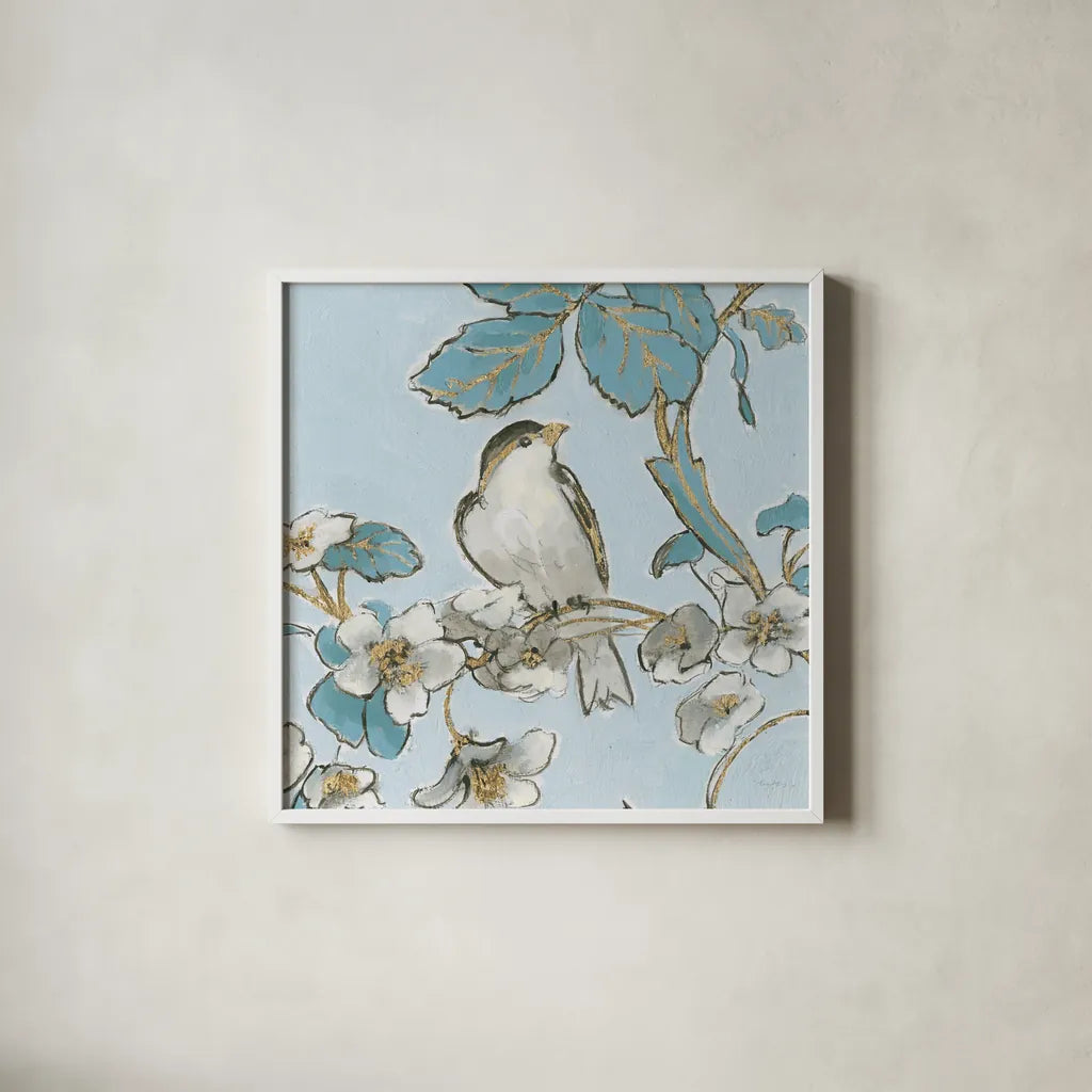 Toile Birds III by Emily Adams. Shown in a crisp white glass frame for a clean and minimalist style. Available as an archival giclee rolled canvas, fine art paper, or poster print. SKU 55101a.