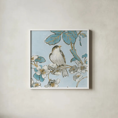 Toile Birds III by Emily Adams. Shown in a crisp white glass frame for a clean and minimalist style. Available as an archival giclee rolled canvas, fine art paper, or poster print. SKU 55101a.