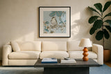 Toile Birds III by Emily Adams. Displayed in a glass frame with matte in a clean modern living room. Available as an archival giclee rolled canvas, fine art paper, or poster print. SKU 55101a.